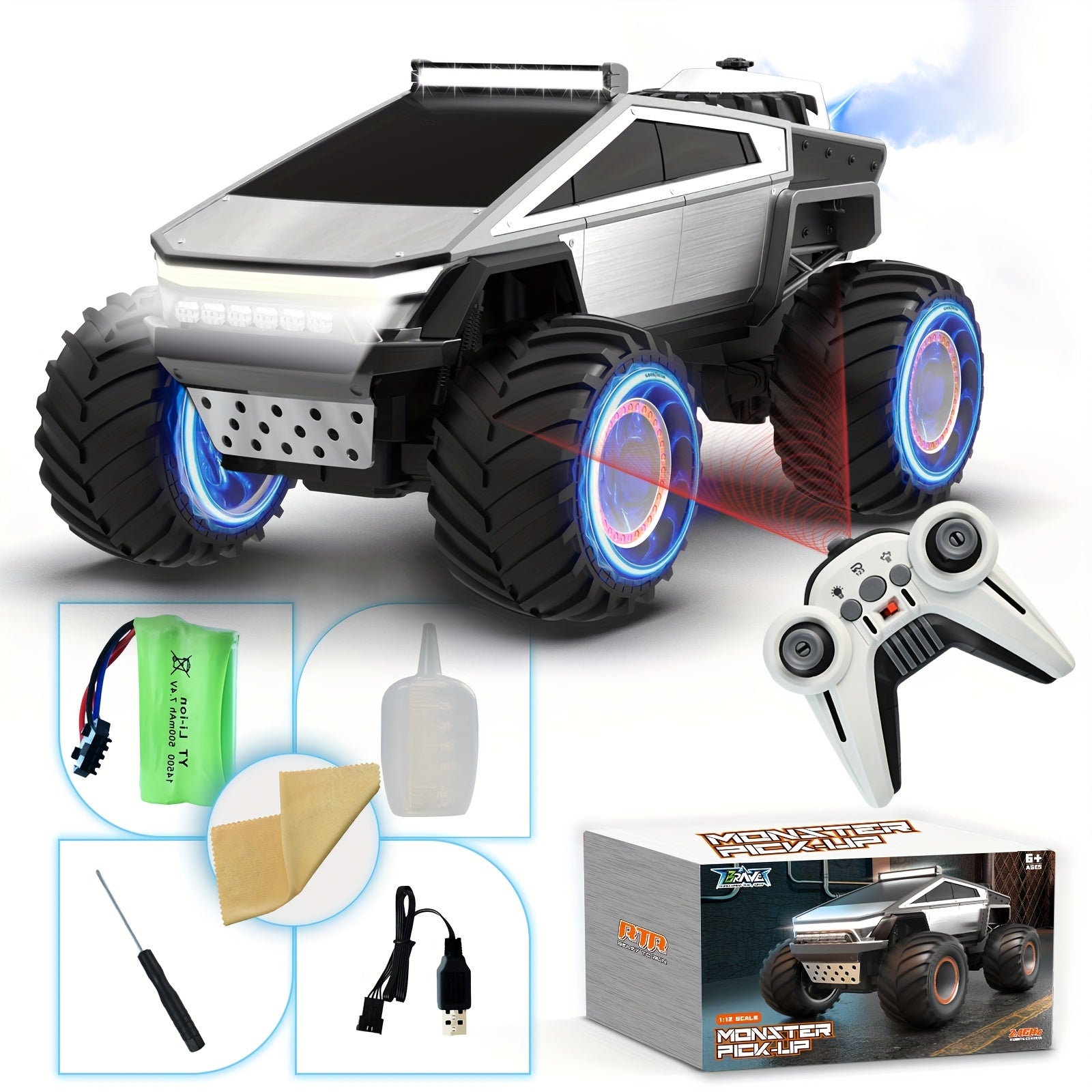 Monster Truck Toy 4WD Off Road RC Monster Truck Toy with LED Lights And Music | 2.4GHz Remote Control Truck for All Terrain - Kids Gifts for Boys\u002FGirls Age 6+, Easter Gifts