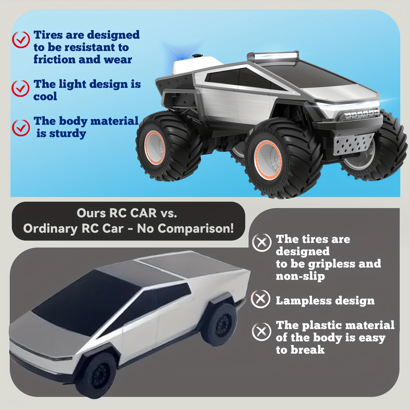 Truck Toy, Remote Control Car 4WD Off-Road, All-Terrain Remote Truck with LED Lights and Music Monster Truck Toy 2.4GHz Vehicle Gift for Boys\u002FGirls Over