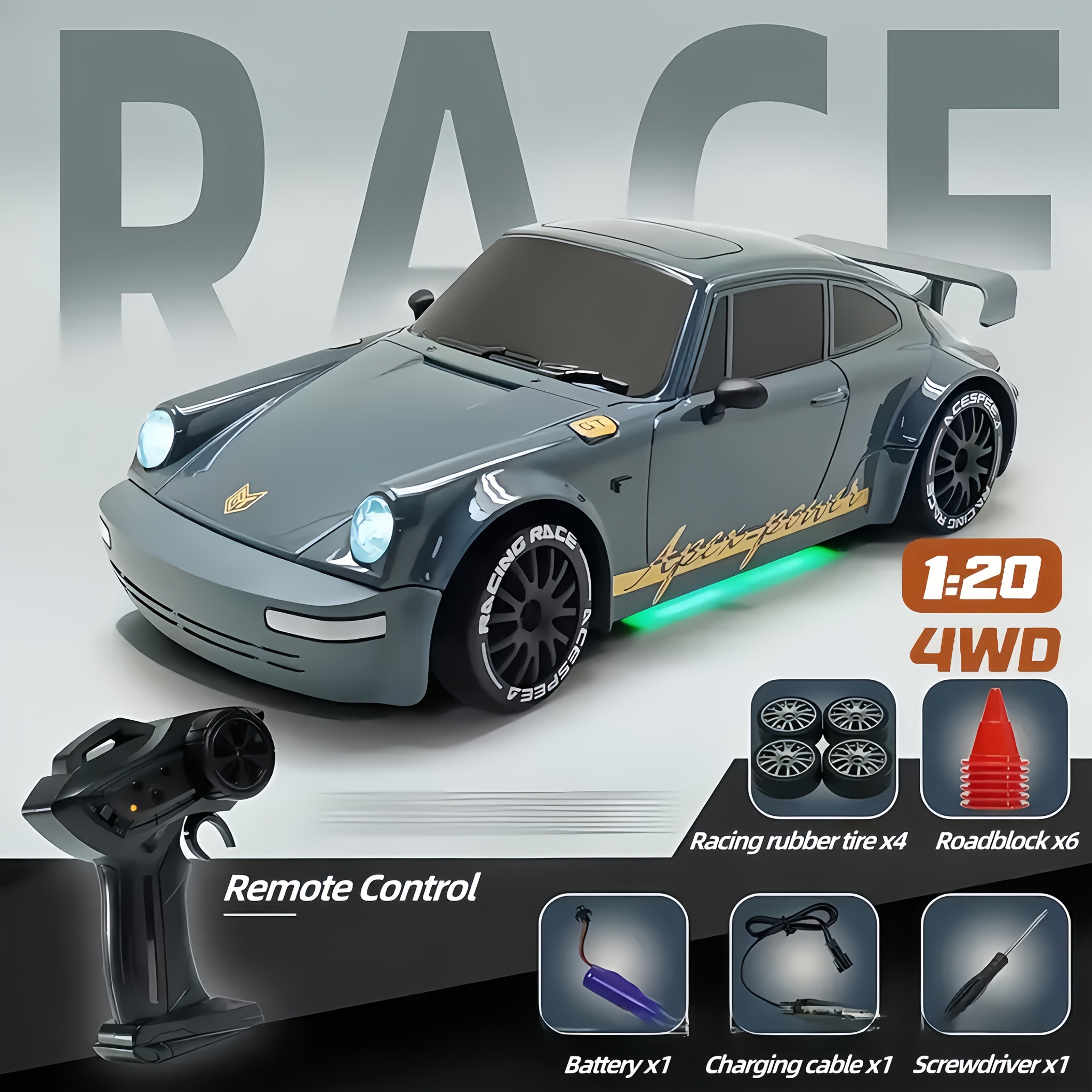 1:20 Scale 2.4G High-speed Racing Car, 20Km\u002FH High-speed Off-road Drift Car, 4WD RC Drift Car With Drift Tires, Road Barriers And LED Lights, Ideal Birthday Or Holiday Gifts For Boys And Girls