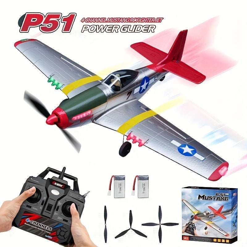 JIKEFUN-BM26 P51 Mustang RC Plane 4 Channel Remote Control Airplane Fighter RTF With 6-Axis Gyro 3D Modes Lighting Aerobatics 2.4GHz Radio Controlled Aircraft For Beginners