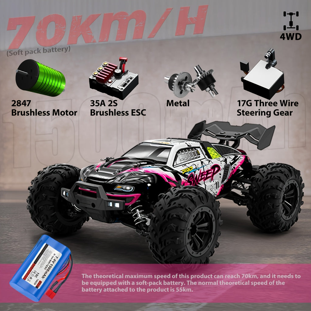 2.4G 1:16 4WD High-Speed Brushless RC Car with 3-Mode LED Headlights, 70KM\u002FH Top Speed, Realistic Design & USB Rechargeable Battery - Durable Plastic Remote Control Vehicle for Outdoor Play, Birthday\u002FChristmas Gift, Remote Control Car, Adventure