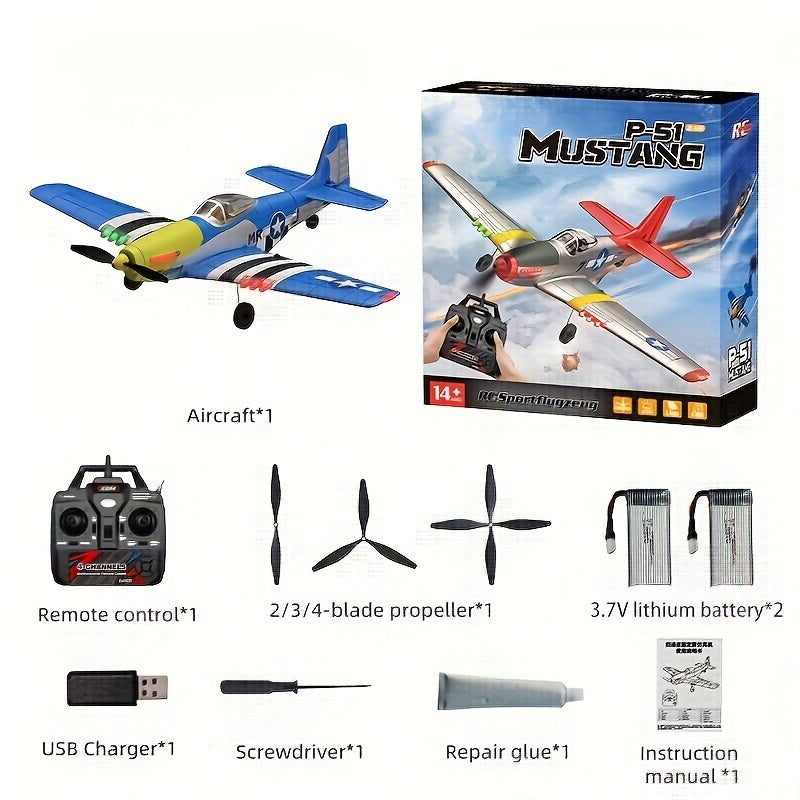 JIKEFUN-BM26 P51 Mustang RC Plane 4 Channel Remote Control Airplane Fighter RTF With 6-Axis Gyro 3D Modes Lighting Aerobatics 2.4GHz Radio Controlled Aircraft For Beginners