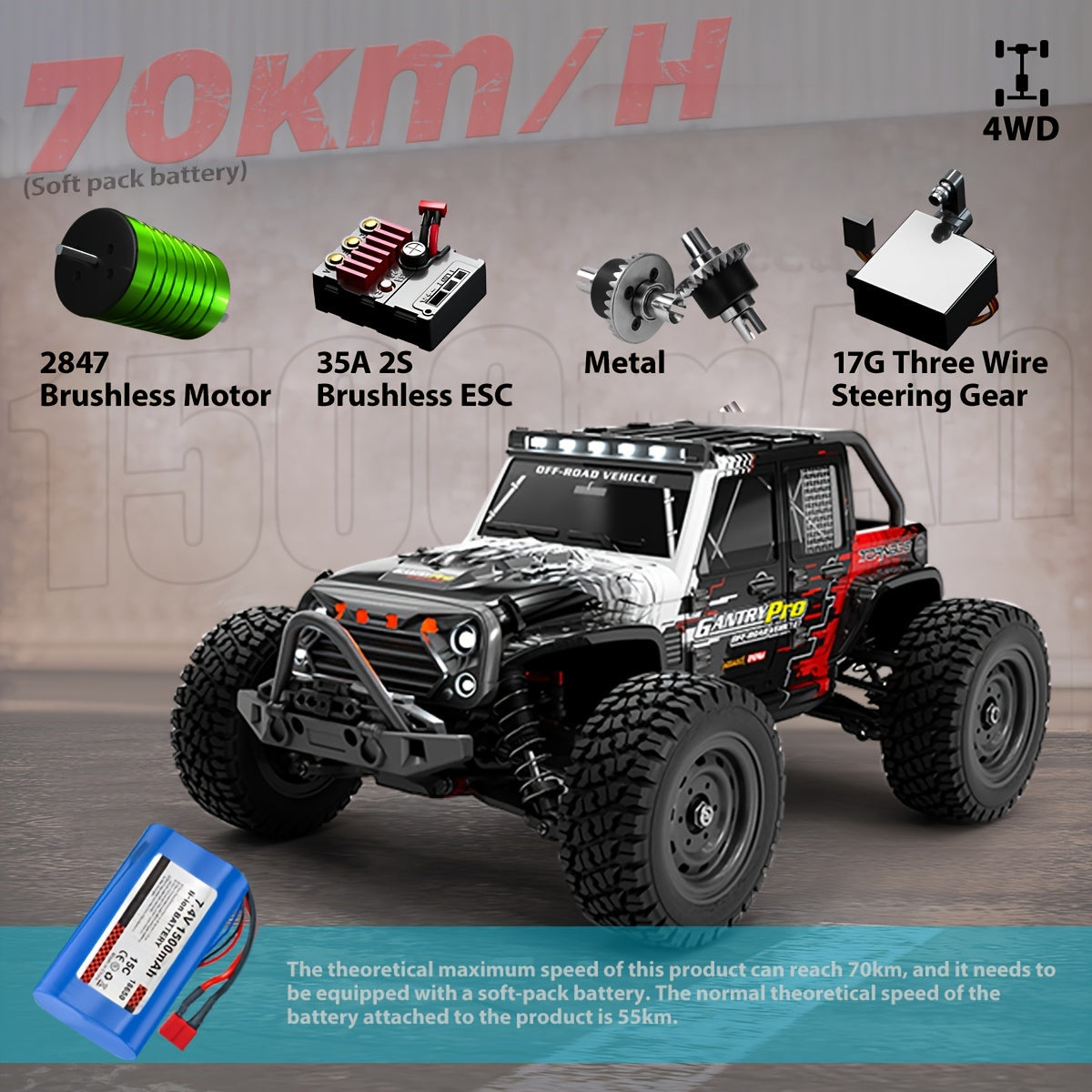 2.4G 1:16 4WD High-Speed Brushless RC Car with 3-Mode LED Headlights, 70KM\u002FH Top Speed, Realistic Design & USB Rechargeable Battery - Durable Plastic Remote Control Vehicle for Outdoor Play, Birthday\u002FChristmas Gift, Remote Control Car, Adventure