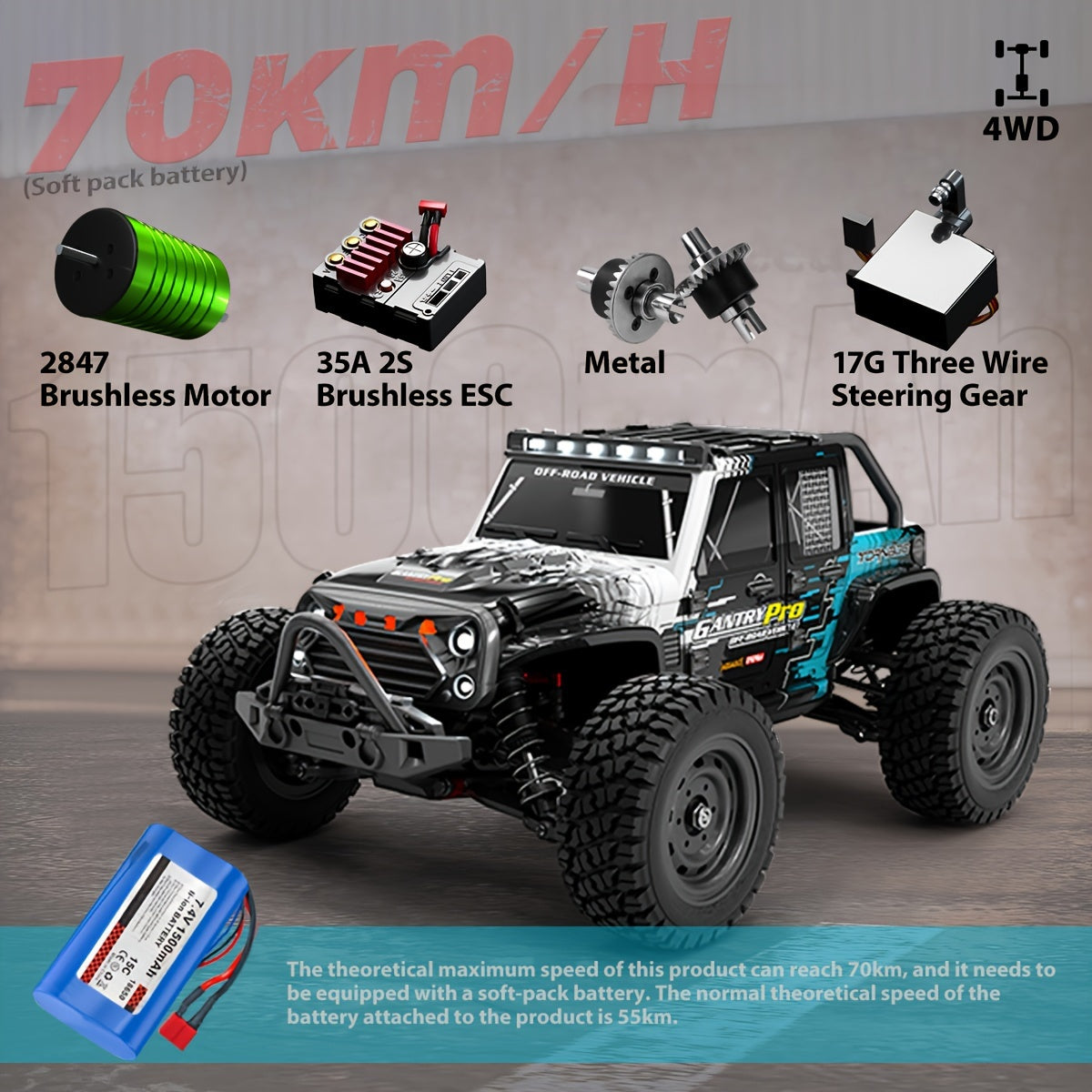 2.4G 1:16 4WD High-Speed Brushless RC Car with 3-Mode LED Headlights, 70KM\u002FH Top Speed, Realistic Design & USB Rechargeable Battery - Durable Plastic Remote Control Vehicle for Outdoor Play, Birthday\u002FChristmas Gift, Remote Control Car, Adventure