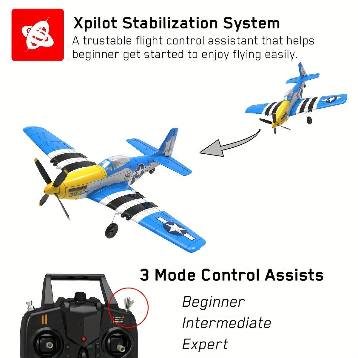 VOLANTEXRC RC Plane 2.4Ghz 4CH RC Airplane Ready to Fly P51 Mustang WWII Remote Control Plane for Beginners with Xpilot Stabilization System One Key Aerobatic (761-5 RTF)