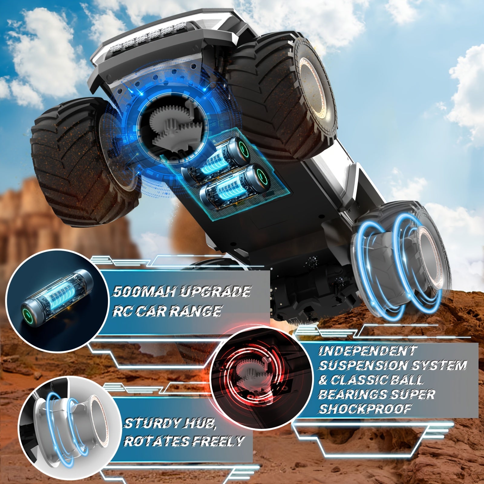 Monster Truck Toy 4WD Off Road RC Monster Truck Toy with LED Lights And Music | 2.4GHz Remote Control Truck for All Terrain - Kids Gifts for Boys\u002FGirls Age 6+, Easter Gifts
