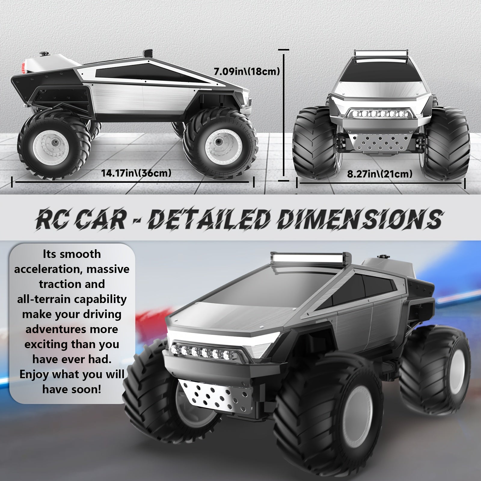 RC Monster Truck Toy 2.4GHz 4WD All Terrain RC Monster Truck Toy | Remote Control Off-road Vehicle with LED Lights, Music, Excellent Grip Big Wheels | Birthday, Christmas, Halloween Gifts for 6+ Boys And Girls