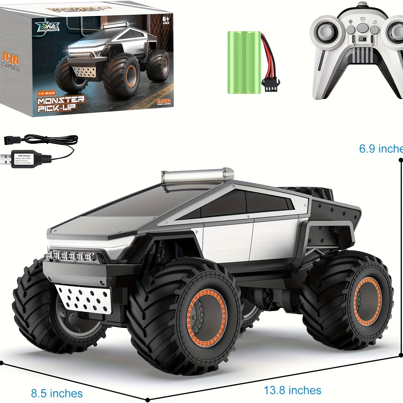 Truck Toy, Remote Control Car 4WD Off-Road, All-Terrain Remote Truck with LED Lights and Music Monster Truck Toy 2.4GHz Vehicle Gift for Boys\u002FGirls Over