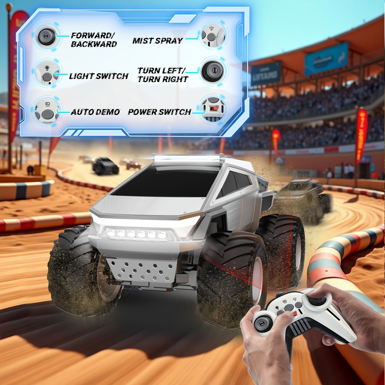 Truck Toy, Remote Control Car 4WD Off-Road, All-Terrain Remote Truck with LED Lights and Music Monster Truck Toy 2.4GHz Vehicle Gift for Boys\u002FGirls Over