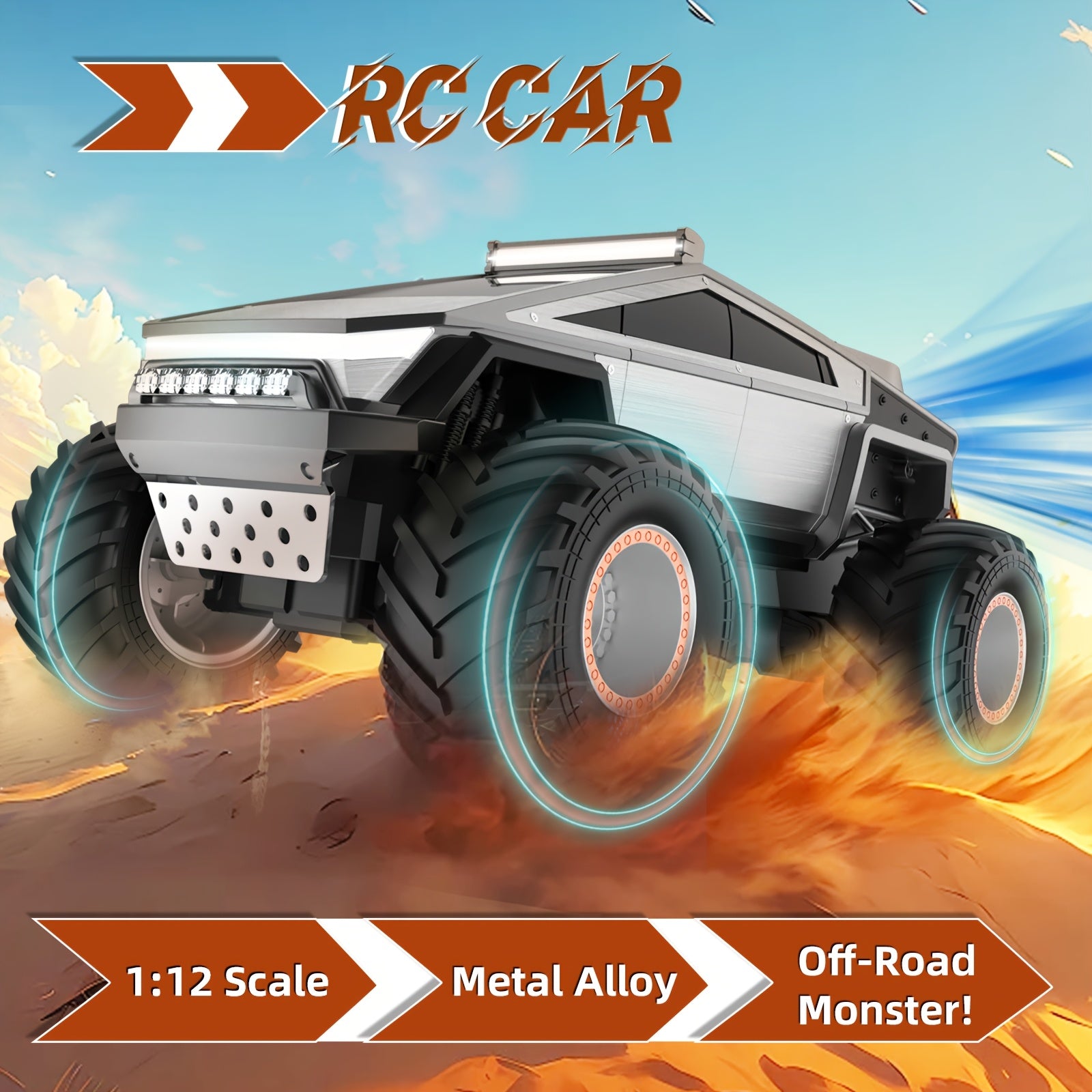 Truck Toy, Remote Control Car 4WD Off-Road, All-Terrain Remote Truck with LED Lights and Music Monster Truck Toy 2.4GHz Vehicle Gift for Boys\u002FGirls Over