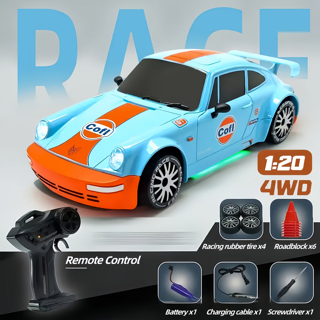 1:20 Scale 2.4G High-speed Racing Car, 20Km\u002FH High-speed Off-road Drift Car, 4WD RC Drift Car With Drift Tires, Road Barriers And LED Lights, Ideal Birthday Or Holiday Gifts For Boys And Girls