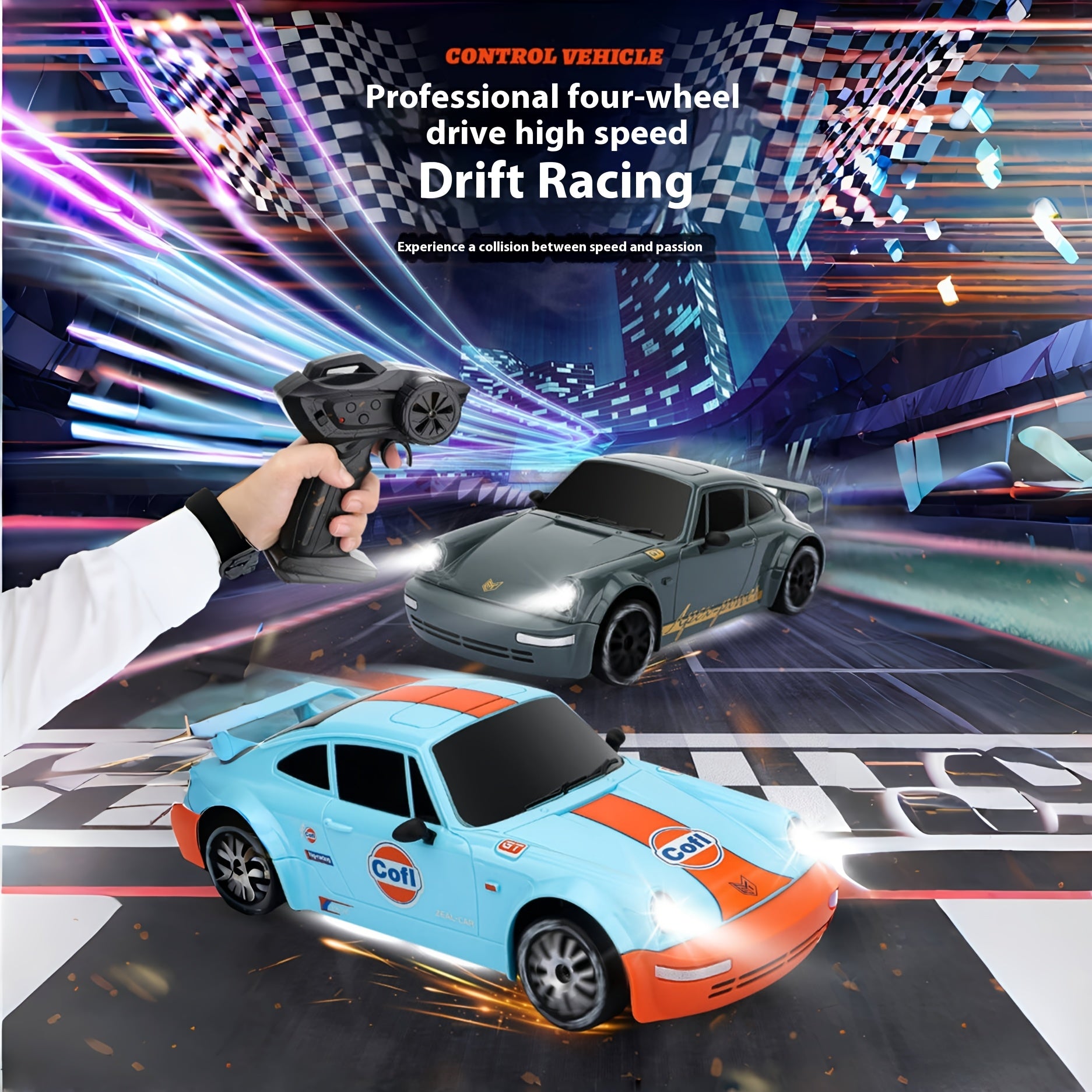 1:20 Scale 2.4G High-speed Racing Car, 20Km\u002FH High-speed Off-road Drift Car, 4WD RC Drift Car With Drift Tires, Road Barriers And LED Lights, Ideal Birthday Or Holiday Gifts For Boys And Girls