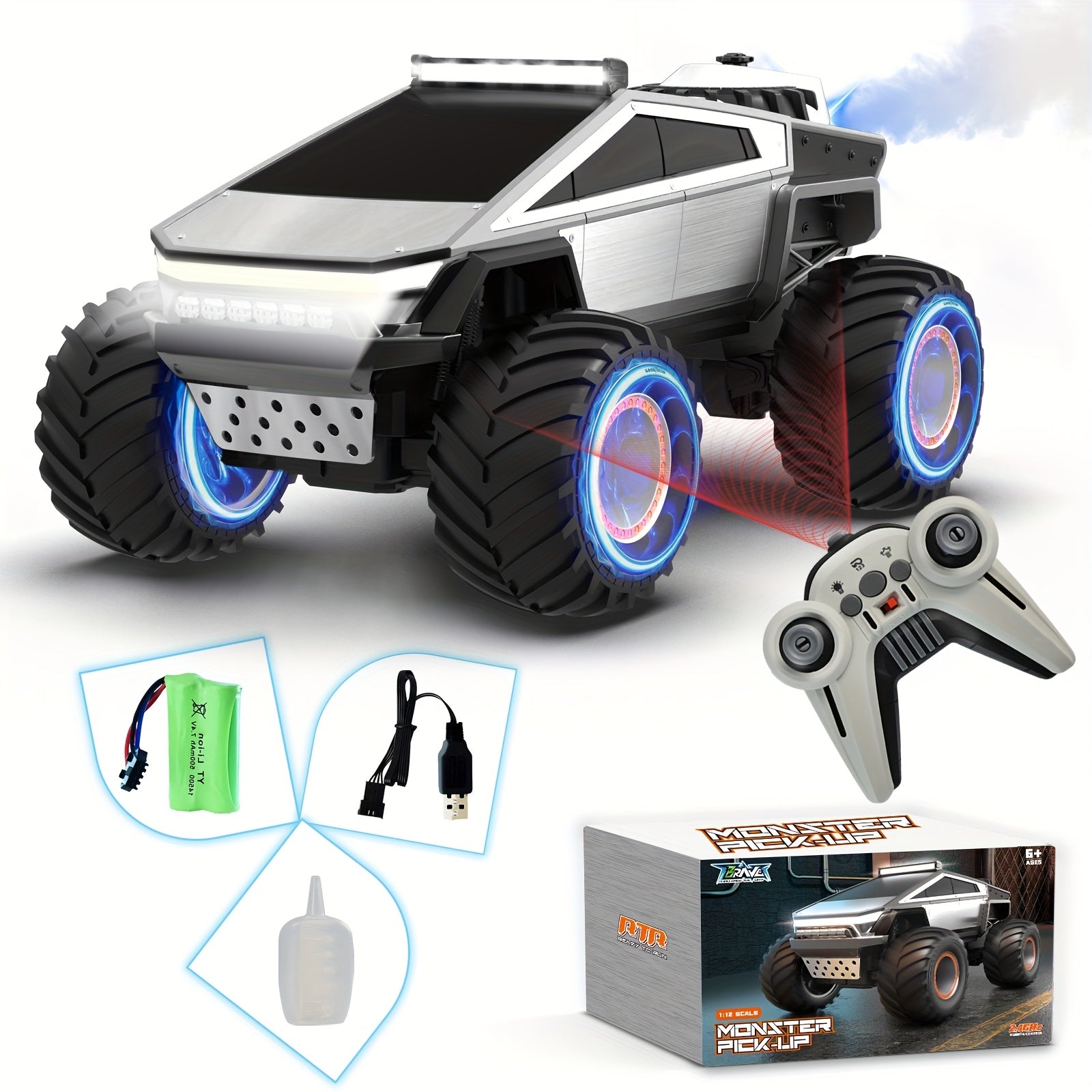 Monster Truck Toy 4WD Off Road RC Monster Truck Toy with LED Lights And Music | 2.4GHz Remote Control Truck for All Terrain - Kids Gifts for Boys\u002FGirls Age 6+, Easter Gifts
