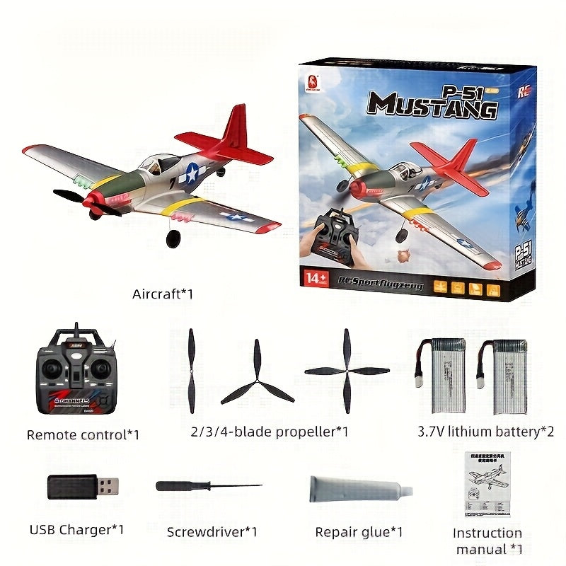 JIKEFUN-BM26 P51 Mustang RC Plane 4 Channel Remote Control Airplane Fighter RTF With 6-Axis Gyro 3D Modes Lighting Aerobatics 2.4GHz Radio Controlled Aircraft For Beginners