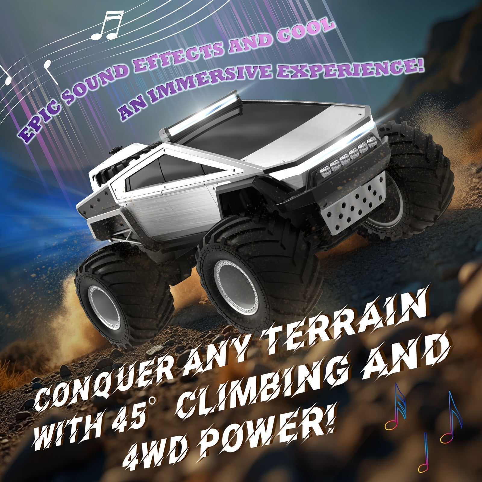 RC Monster Truck Toy 2.4GHz 4WD All Terrain RC Monster Truck Toy | Remote Control Off-road Vehicle with LED Lights, Music, Excellent Grip Big Wheels | Birthday, Christmas, Halloween Gifts for 6+ Boys And Girls