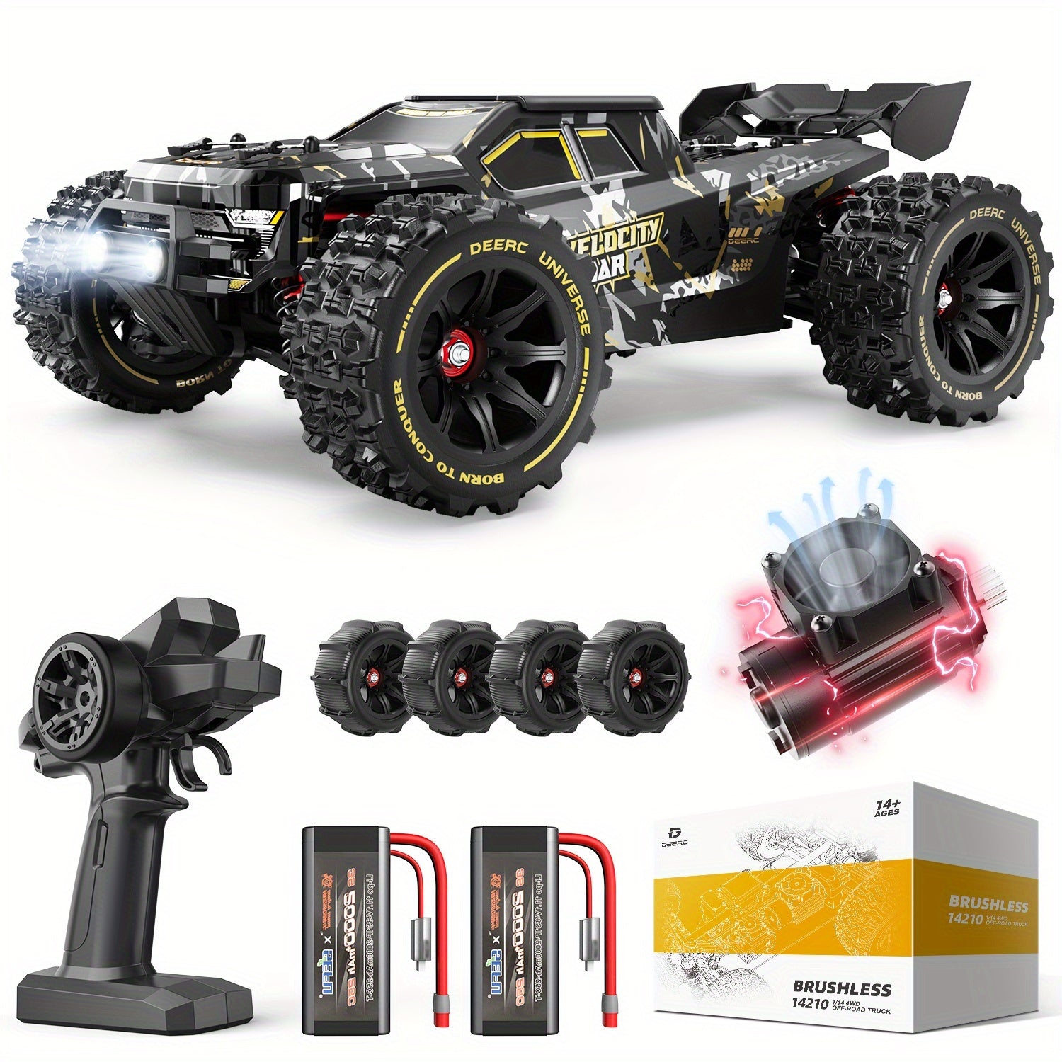 DEERC 1:14 Scale Fast Brushless RC Car for Adults & Boys - 50+ MPH High-Speed Offroad Truggy with 2 3S Lipo Batteries, 4x4 All-Terrain Remote Control Truck for Snow, Sand & Mud, Durable Metal Construction, Black, Remote Control Car, Outdoor Play, Sporty D