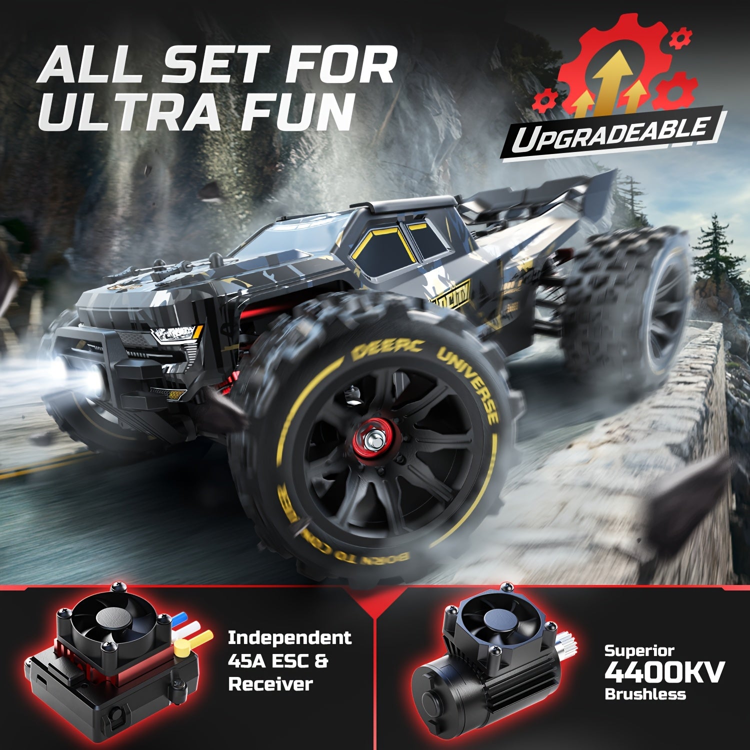DEERC 1:14 Scale Fast Brushless RC Car for Adults & Boys - 50+ MPH High-Speed Offroad Truggy with 2 3S Lipo Batteries, 4x4 All-Terrain Remote Control Truck for Snow, Sand & Mud, Durable Metal Construction, Black, Remote Control Car, Outdoor Play, Sporty D
